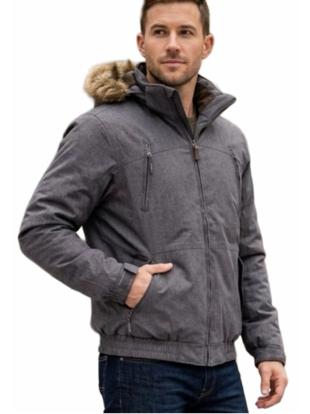 Firefly Gray Hooded Ski Snowboard Bomber Jacket Faux Fur Trim Small